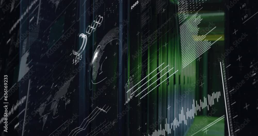 Poster animation of interface with spinning globe and statistical data processing over computer server room