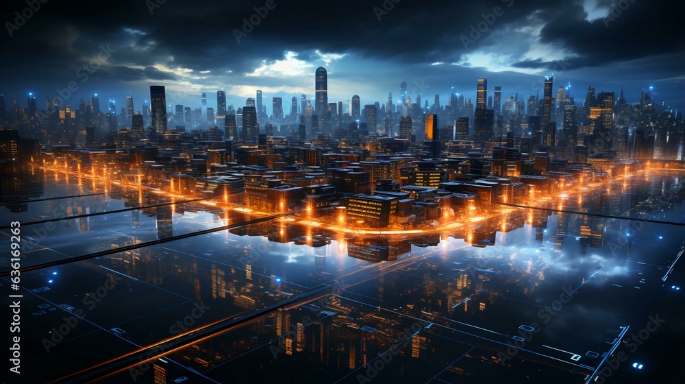 Poster the concept of a futuristic high-tech big smart city with computer technology microchips and microch