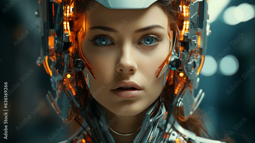 Poster connection of human woman and artificial intelligence robot. the concept of merging a person and a c