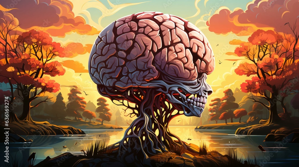 Poster abstract colorful tree with leaves in the shape of a human brain. creativity concept. ai generated