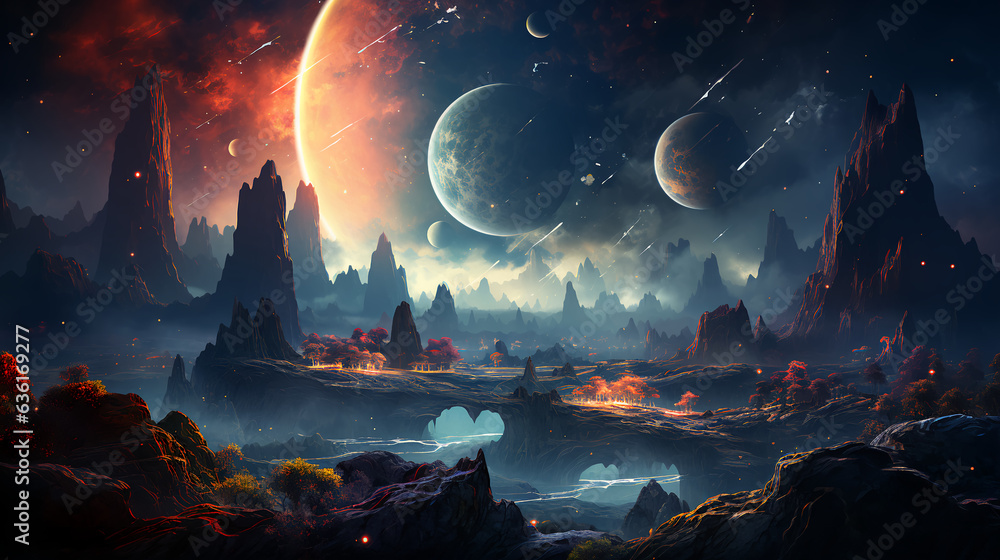 Poster space scene with futuristic planet surface and stars in open space with planets and galaxies. ai gen