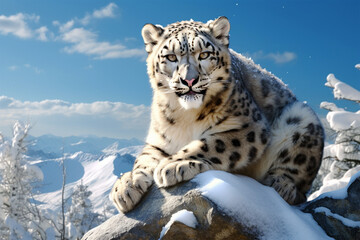Close-up Portrait of Snow Leopard in Snow