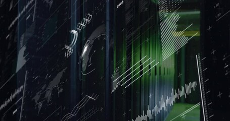 Animation of interface with spinning globe and statistical data processing over computer server room - Powered by Adobe