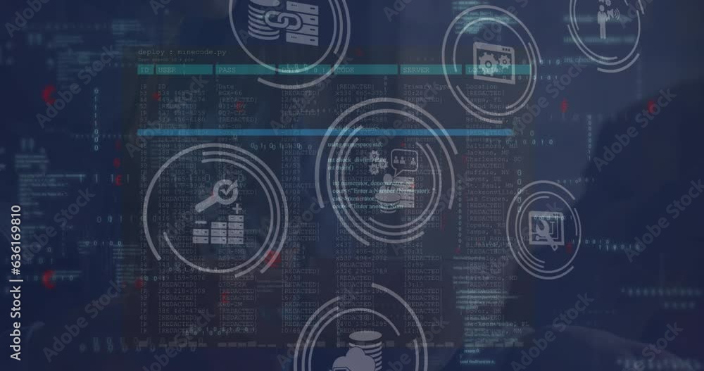 Poster animation of multiple digital icons and data processing against blue background