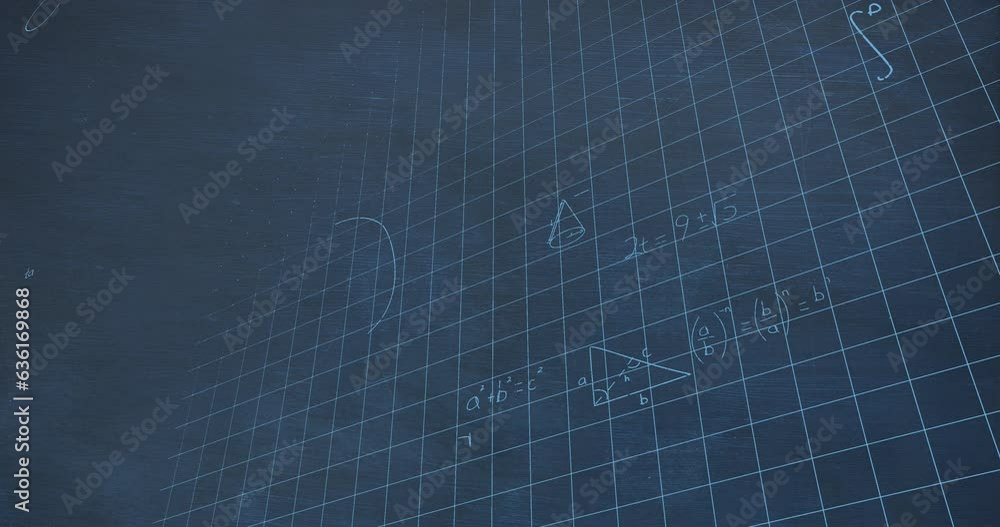 Poster animation of mathematical equations and formulas floating against blue chalkboard background