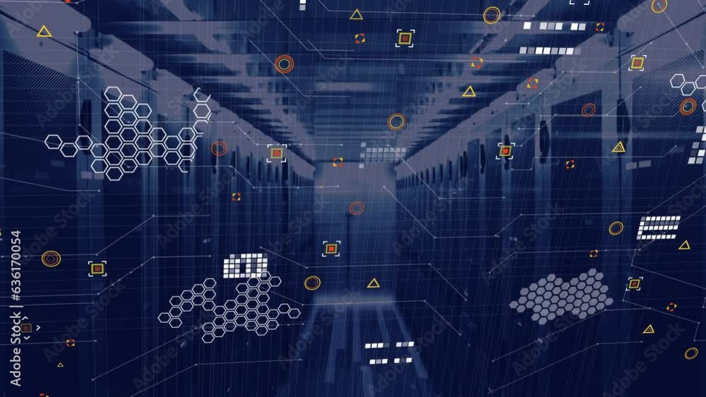 Poster animation of circuit board pattern, geometric shapes over server racks in server room