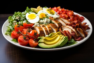 Colorful and Fresh Cobb Salad with Avocado, Bacon, Eggs, and Grilled Chicken, Generative AI