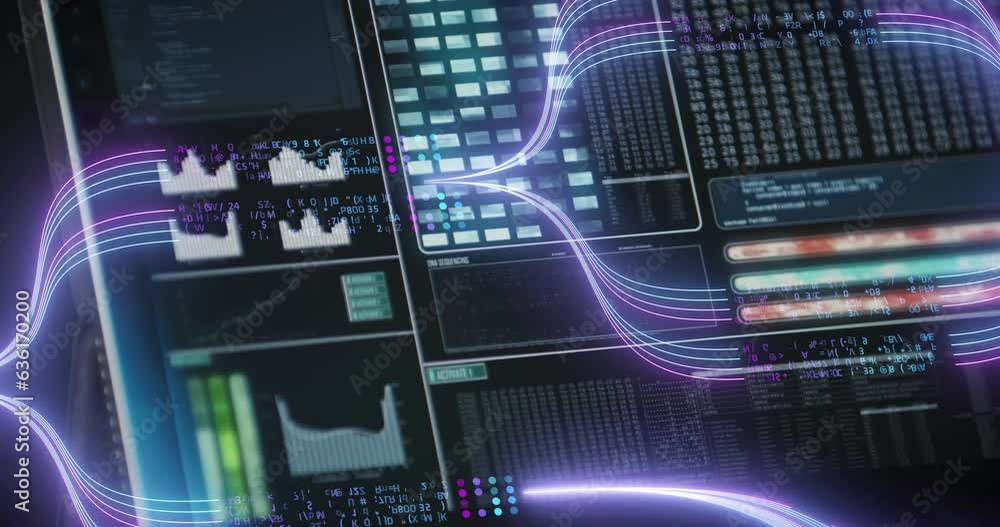 Poster business analytics big data technology data science flowing virtual screen tablet