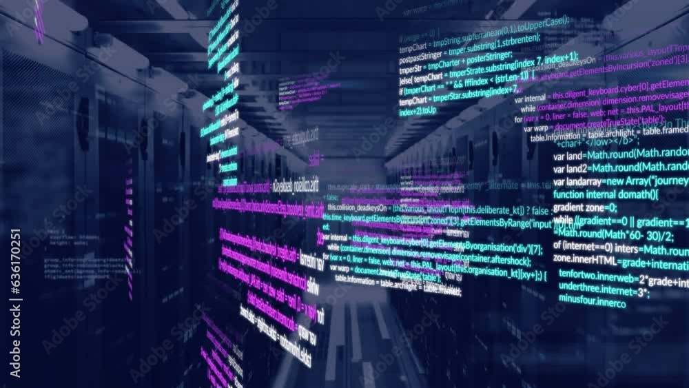 Aufkleber animation of multicolored computer language over server room in background