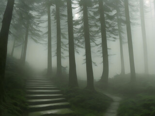 Mysterious stairs in gloomy forest, Generative AI Illustration