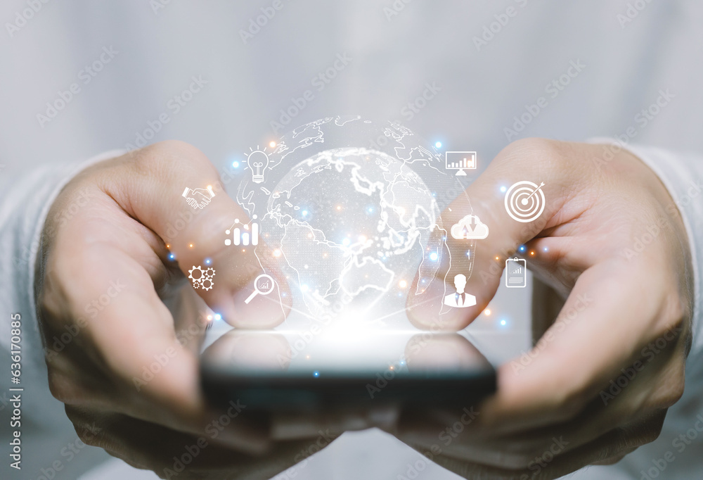 Poster touch global and icon. the application connects to the internet online. big data digital link techno