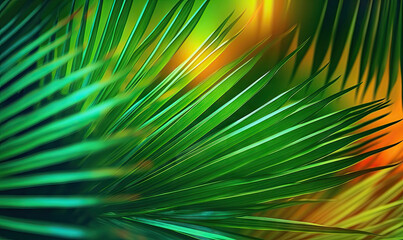 Palm leaves wallpaper. Sunny tropical background. For banner, postcard, book illustration. Created with generative AI tools