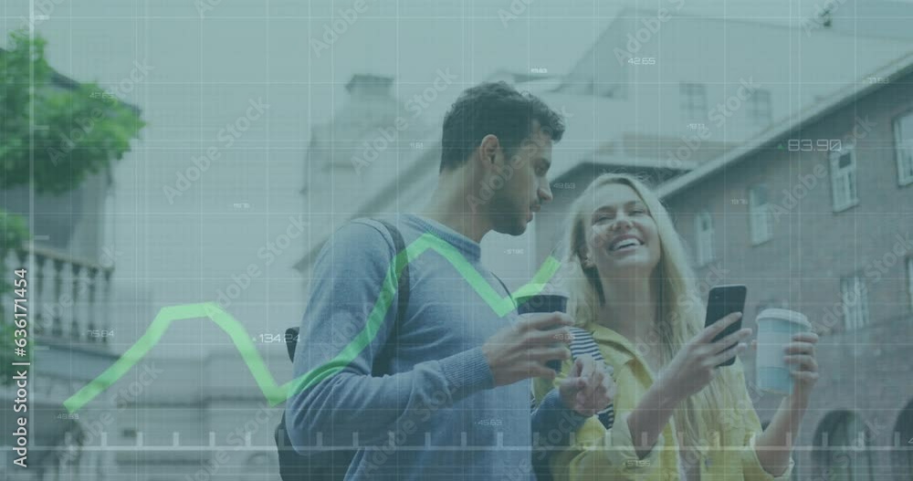 Aufkleber animation of graphs with changing numbers over caucasian couple talking while drinking coffee