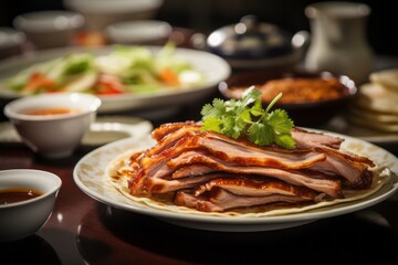 Classic Peking Duck Dish with Crispy Skin and Soft Pancakes, Generative AI