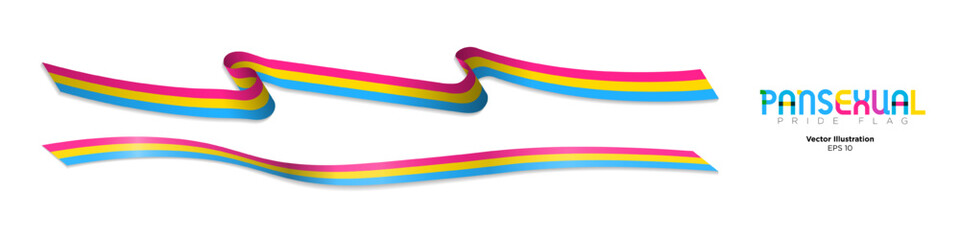 3d Pansexual Pride Flag Ribbons isolated on white background. Long Pansexual pride flag streamers. Editable Vector Illustration. EPS 10.	