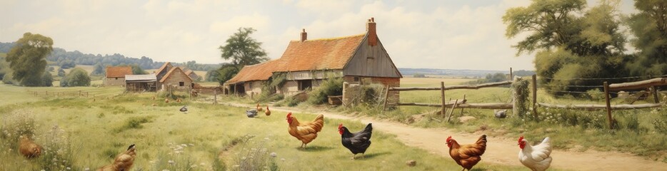 farm photo of chicken walking on the grass
