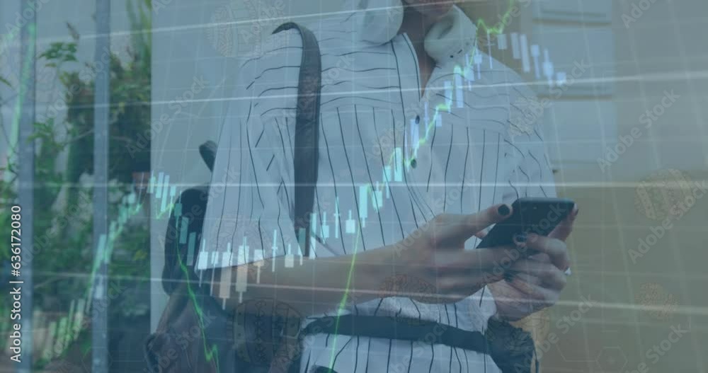 Aufkleber animation of graphs and changing numbers, biracial man with bag using smartphone