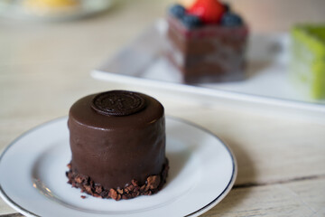 chocolate cream cake at cafe 