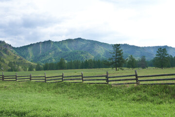 Fototapeta na wymiar Wooden fence in a green meadow with mountains in the background