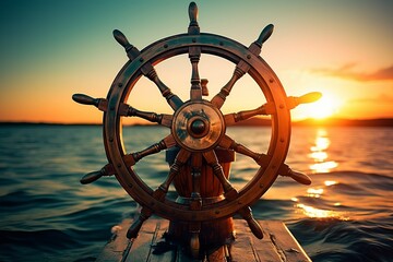 boat wheel with sun shining