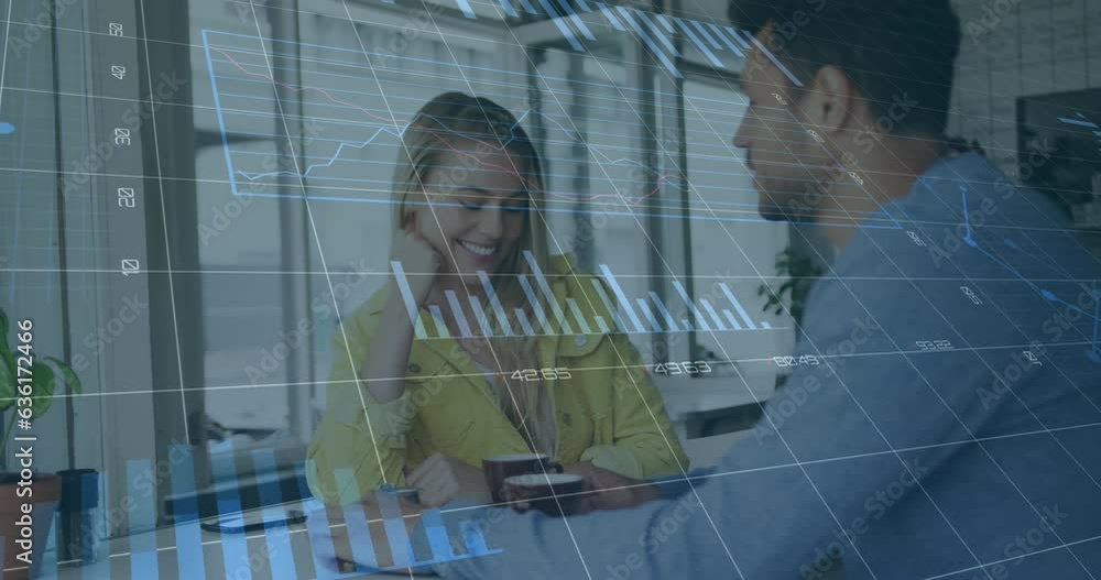 Poster animation of multiple graphs, changing numbers, caucasian couple talking while drinking coffee