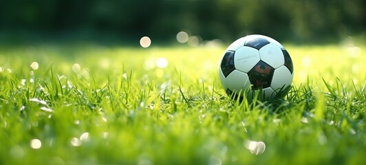 soccer ball on green field back sunlight