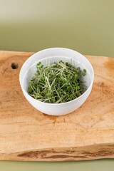 Microgreens in a deep bowl on the board. Ingredient for cooking. Useful food for immunity