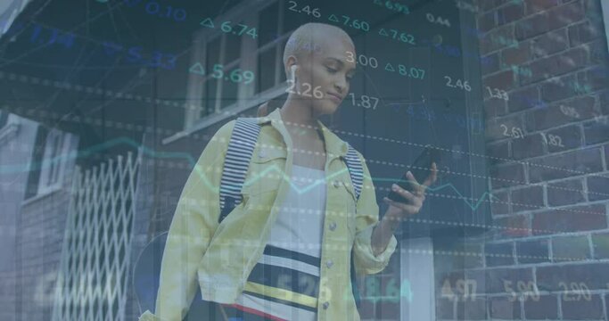 Animation of graphs, trading board, bald biracial woman listening to music and scrolling on phone