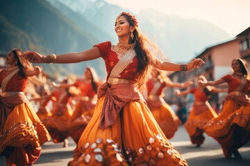 Indian women dancing on the streets in traditional dresses