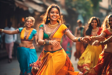 Indian women dancing on the streets in traditional dresses