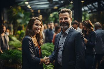 Diverse happy business men handshaking at meeting