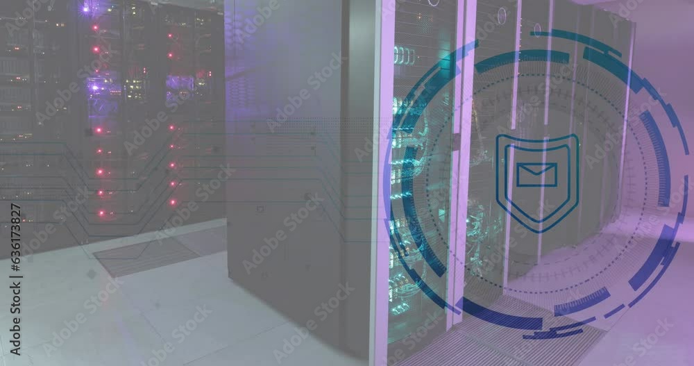 Poster animation of envelope and shield in loading circles, illuminated data server racks in server room