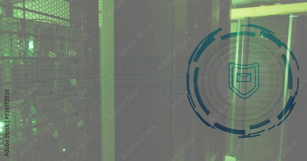 Poster animation of envelope and shield in loading circles, illuminated data server racks in server room