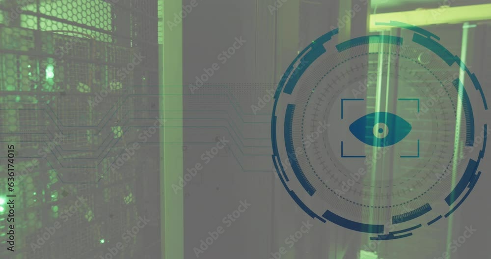 Poster animation of eye in viewfinder with loading circles over illuminated server racks in server room