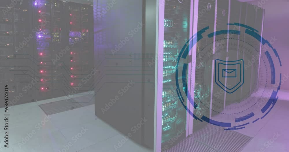 Poster animation of envelope and shield in loading circles, illuminated data server racks in server room