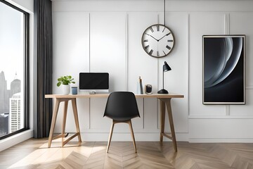 Front view desk with round wall clock, cup 