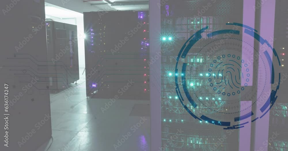 Poster animation of fingerprint in loading circles over data server racks in server room