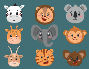 cute africa animals faces in vector, kids characters for design