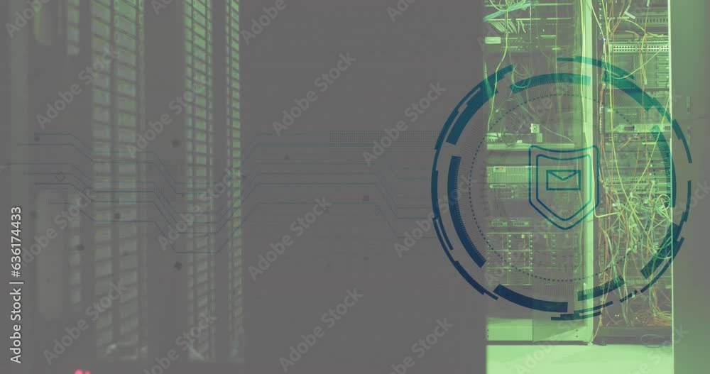 Poster animation of envelope and shield in loading circles, illuminated data server racks in server room