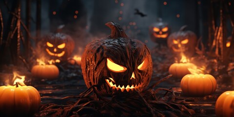 Candle-lit pumpkins for Halloween. Generative Ai.