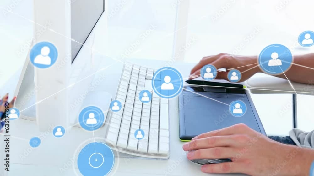 Poster animation of connected icons, caucasian man using graphics tablet and typing on keyboard of desktop