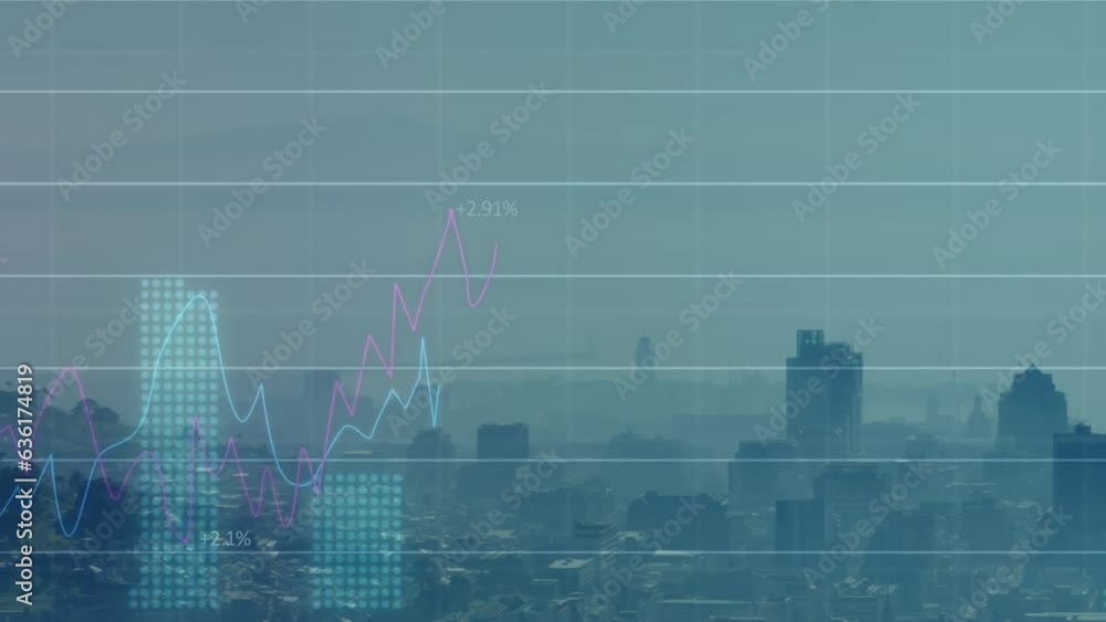 Poster Animation of multiple graphs with changing numbers over modern cityscape against sky