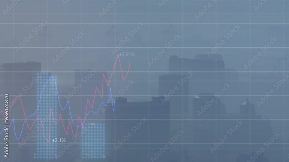 Poster animation of multiple graphs with changing numbers over fog covered modern city