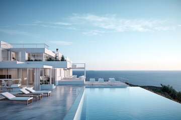 White hotel resort in minimal and modern Mediterranean design, with swimming pool and sea view background, private pool villa house on hill, with Generative Ai.