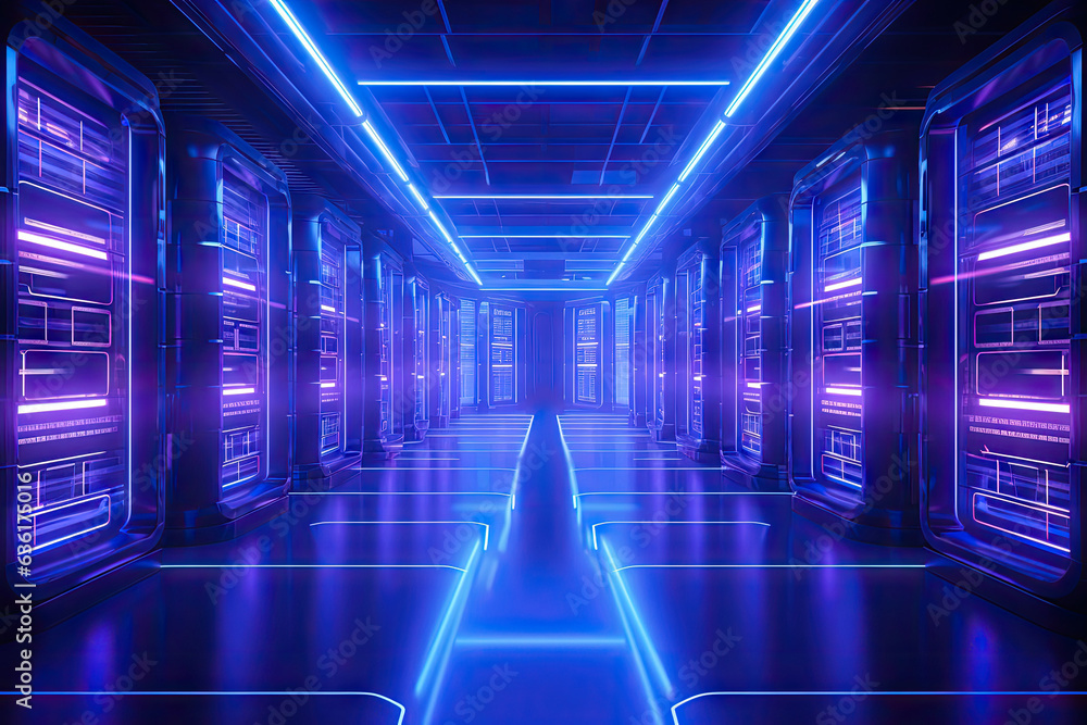 Poster data storage server warehouse room with neon light glowing trails, futuristic digital technology con