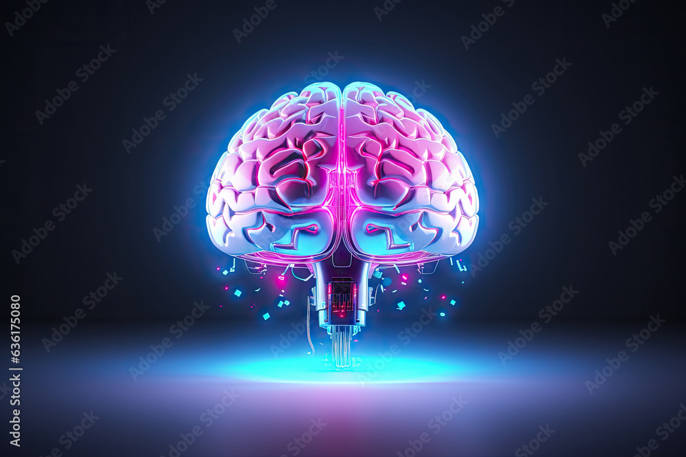 Poster digital ai electronic brain made from metallic with neon light, neural data storage machine, artific