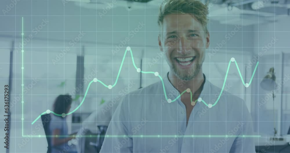Poster animation of statistical data processing against portrait of caucasian man smiling at office