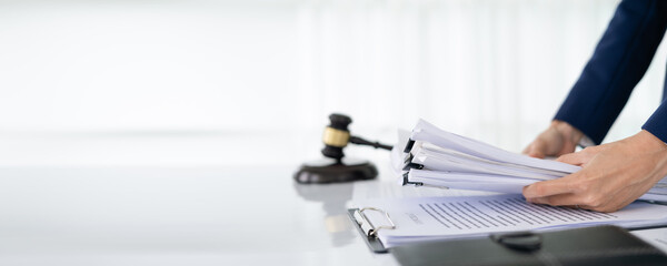 piles Judicial Court Files And Judge Gavel .horizontal Panorama cover and header web Banner. Copy...