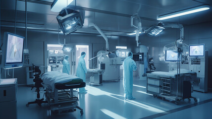 VR・AI・人工知能による最先端の医療施設で働く医者・手術室（Generative AI）

