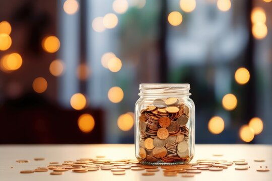Many coins in glass jar for money saving bank concept on  bokeh light background. Generative Ai